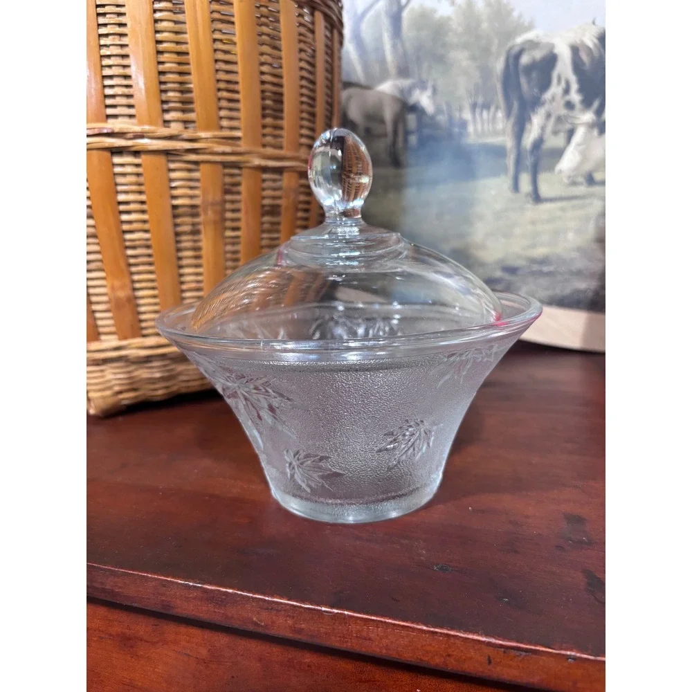 Vintage Frosted Maple Leaf Pressed Glass Sugar Bowl with Lid Clear 6 Inch